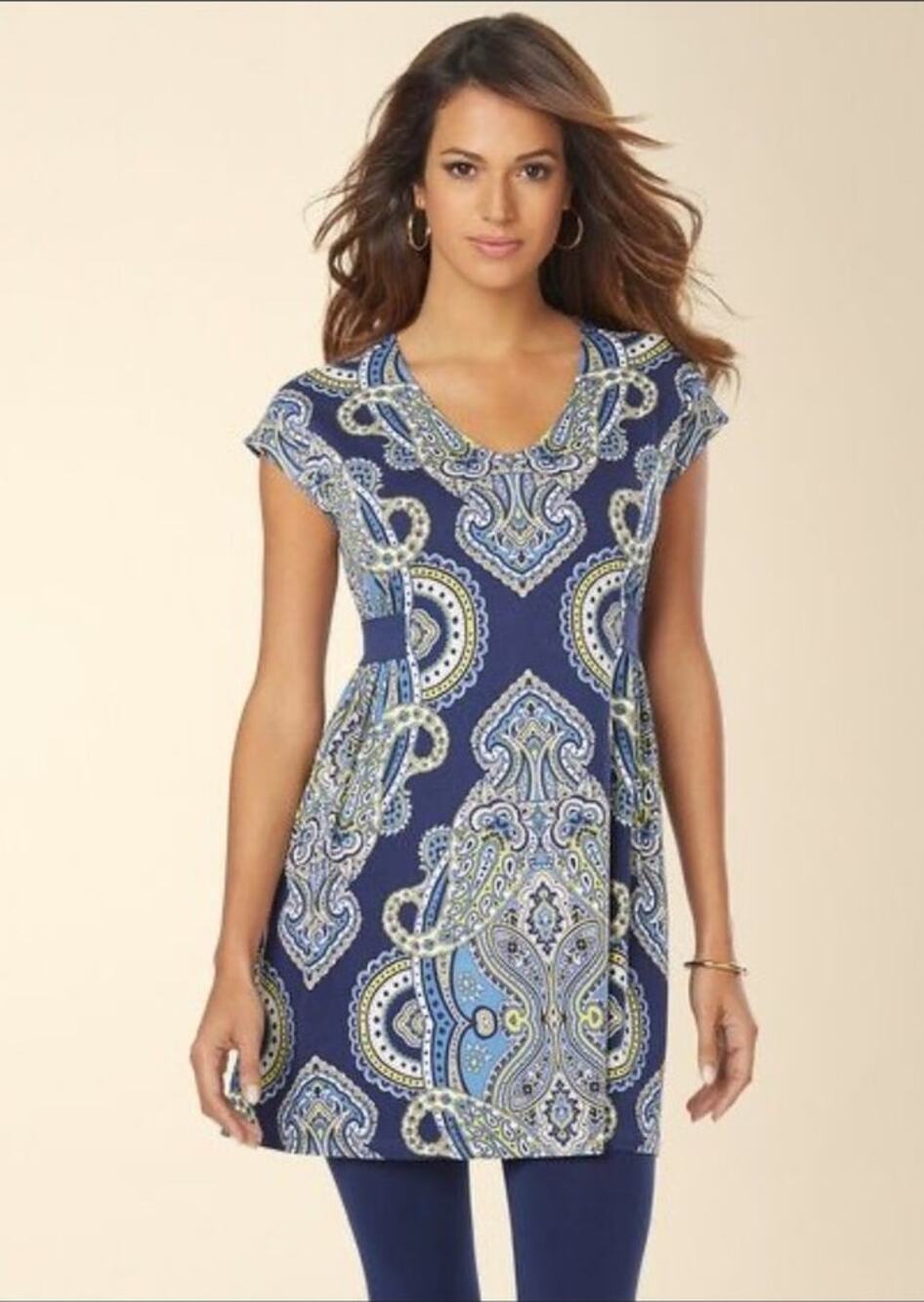 SOMA Tunic Top Luxuriously Soft Shirred Side Paisley Print Empire Waist M NWT
